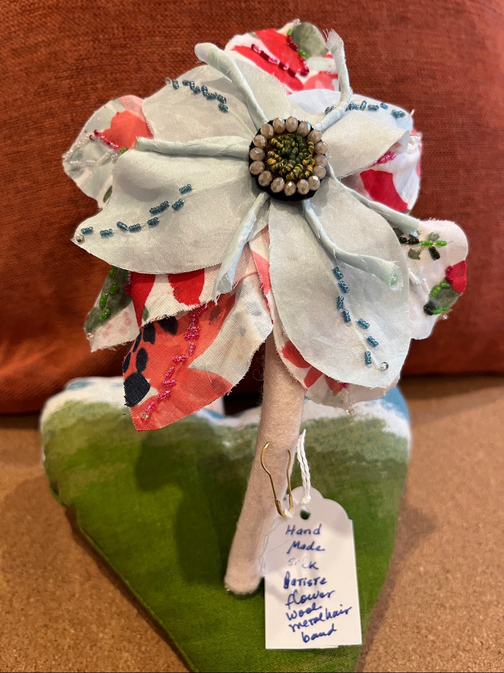 Handmade Floral Fabric Flower with Beaded Center - White & Red